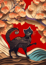 paper cut black cat on red & beige JP