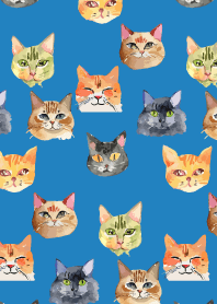 lots of cat faces on blue