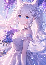 紫花下穿婚紗的雙馬尾貓耳女孩❤️
