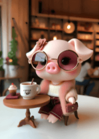 Cute Pig in Coffee Cafe V.1