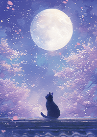 屋根の上で紫の花と満月に寄り添う黒猫❤️