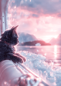 Green Black Cat Sunset by the Sea