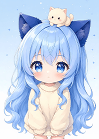 水藍Q版貓耳女孩與小貓