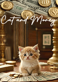 Cat and Money - gold coins and banknotes