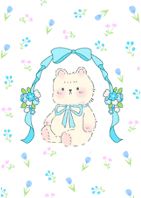 Little bear and purple flowers blue