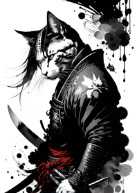 Ink Wash Samurai Cat 7063Df