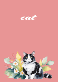 plants and Tuxedo cat on light pink