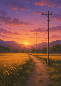 Warm Sunset Trail across Rice Field