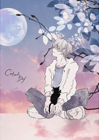 boy looking up at the kitten and moon3.