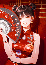 動漫風新年主題 可愛旗袍娘與金元寶6.7