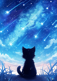 Wishing cat under shooting stars JP
