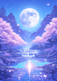 Moonlit lake with purple sakura JP