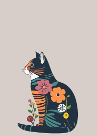 floral cat on beige & gray
