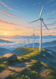 Windmill Sunrise Above Mountains