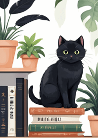 Black cat on the bookshelf