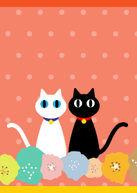 お花と二匹の猫 赤と黄色