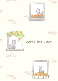 Cat and flower by the window* -orange-