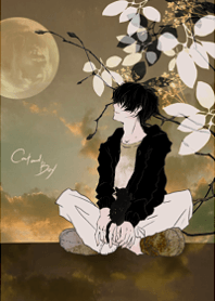 boy looking up at the kitten and moon2