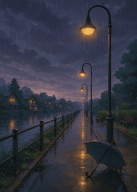Rainy Riverside Path at Dusk