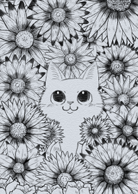ペン画ねこと花