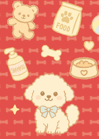 Puppies and items on red