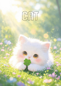 Cute White Cat & Clover Leaf