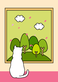 Springtime. White cat and the window.
