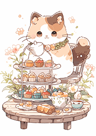 Calico cat's relaxing afternoon tea JP