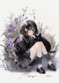 花叢中的黑貓與水手服少女