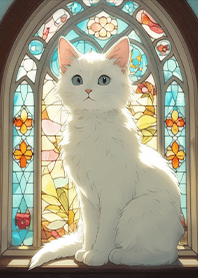 繽紛玻璃彩繪-沐浴彩色陽光的小白貓1