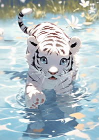 Little white tiger playing in water