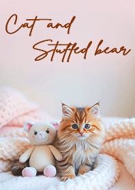 kitten and stuffed bear - pink -winter