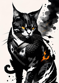 Ink wash cat samurai fD1224