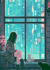 neon city Girl and Cat 7.7