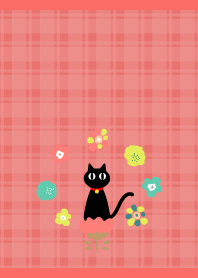 Black cat and flowers red