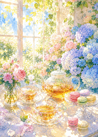 Pink Hydrangea Window Tea Time