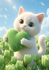 A white cat and green tulips.