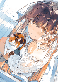 Green Sunlit Girl and Calico Cat