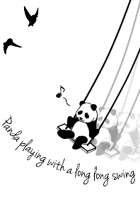 Panda playing with a long long swing