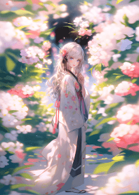 A girl stands among flowers