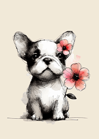 花とフレンチブルドッグ (水彩風)