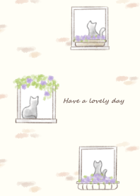 Cat and flower by the window -purple-