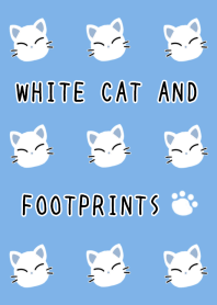 WHITE CAT AND FOOTPRINTS-DUSTY BLUE