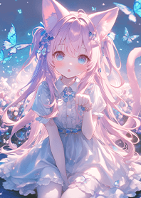 ⭐青い蝶の庭にいるかわいい猫娘❤️ピンク