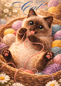 Fluffy Cat & Colorful Yarn