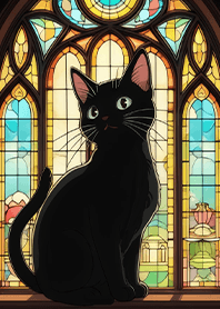 繽紛玻璃彩繪-沐浴彩色陽光的小黑貓4