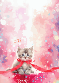 kitten with red ribbon on red & yellow
