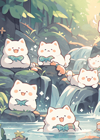 一群在瀑布玩水的貓咪們❤