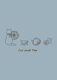 Cat and Tea -blue gray-