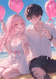 Couple with heart balloons by the beach.